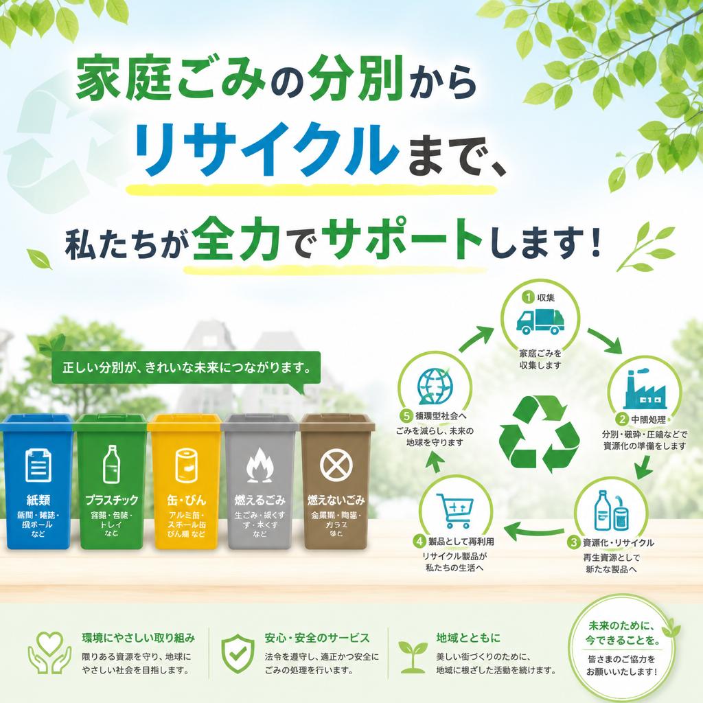 家庭ごみの分別からリサイクルまで、私たちが全力でサポートします！