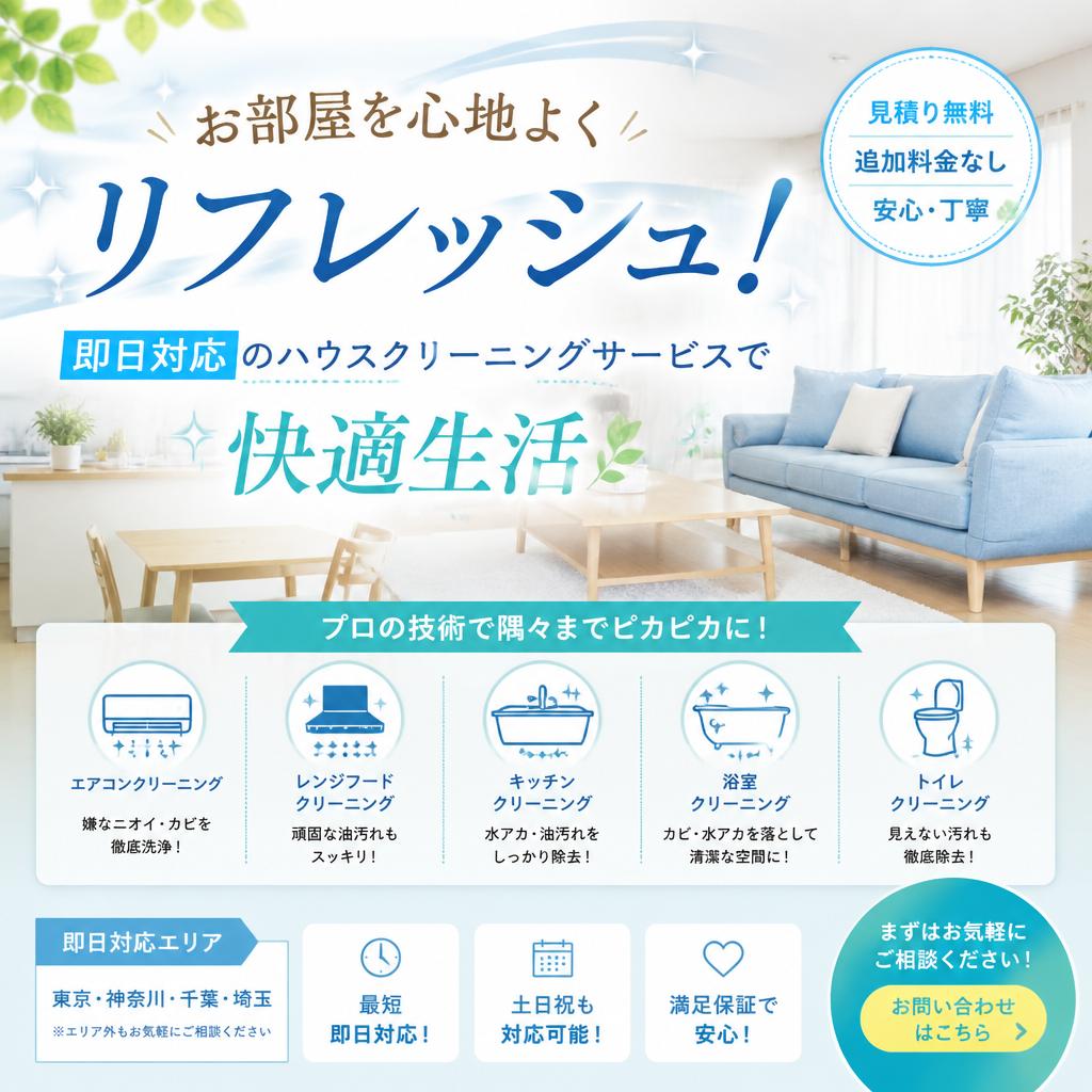 お部屋を心地よくリフレッシュ！即日対応のハウスクリーニングサービスで快適生活