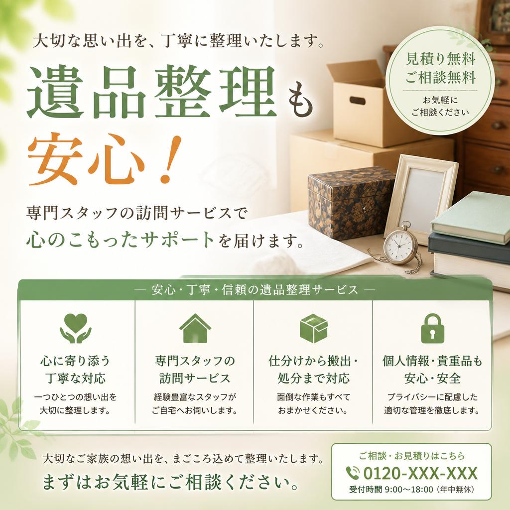 遺品整理も安心！専門スタッフの訪問サービスで心のこもったサポートを届けます。