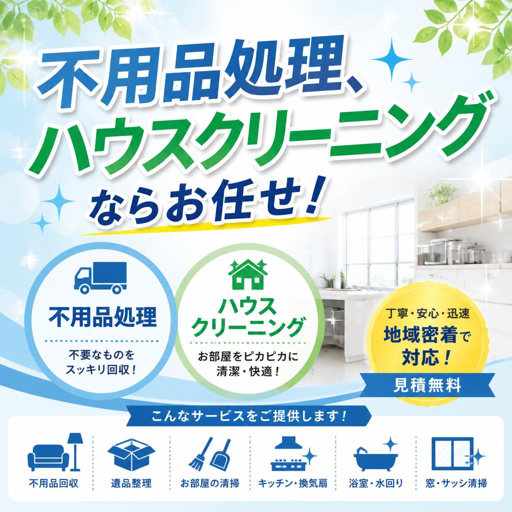 不用品処理、ハウスクリーニングならお任せ！